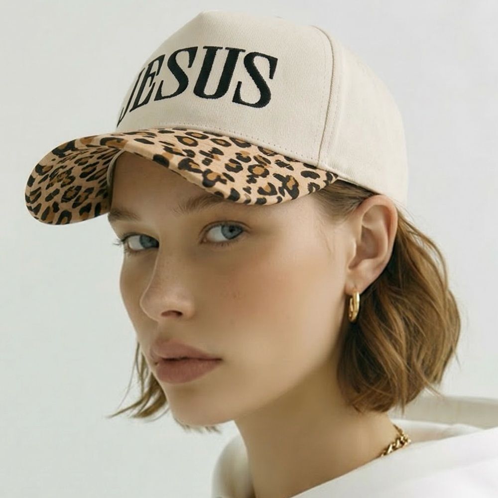 ZENANA | NEW Cream Baseball Cap with Leopard Brim - JESUS Script OSFA